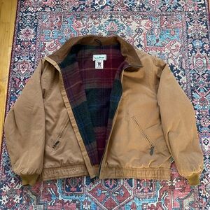 Vintage L.L. Bean Canvas Bomber Jacket Plaid Wool Lined Men’s XL Chore Barn
